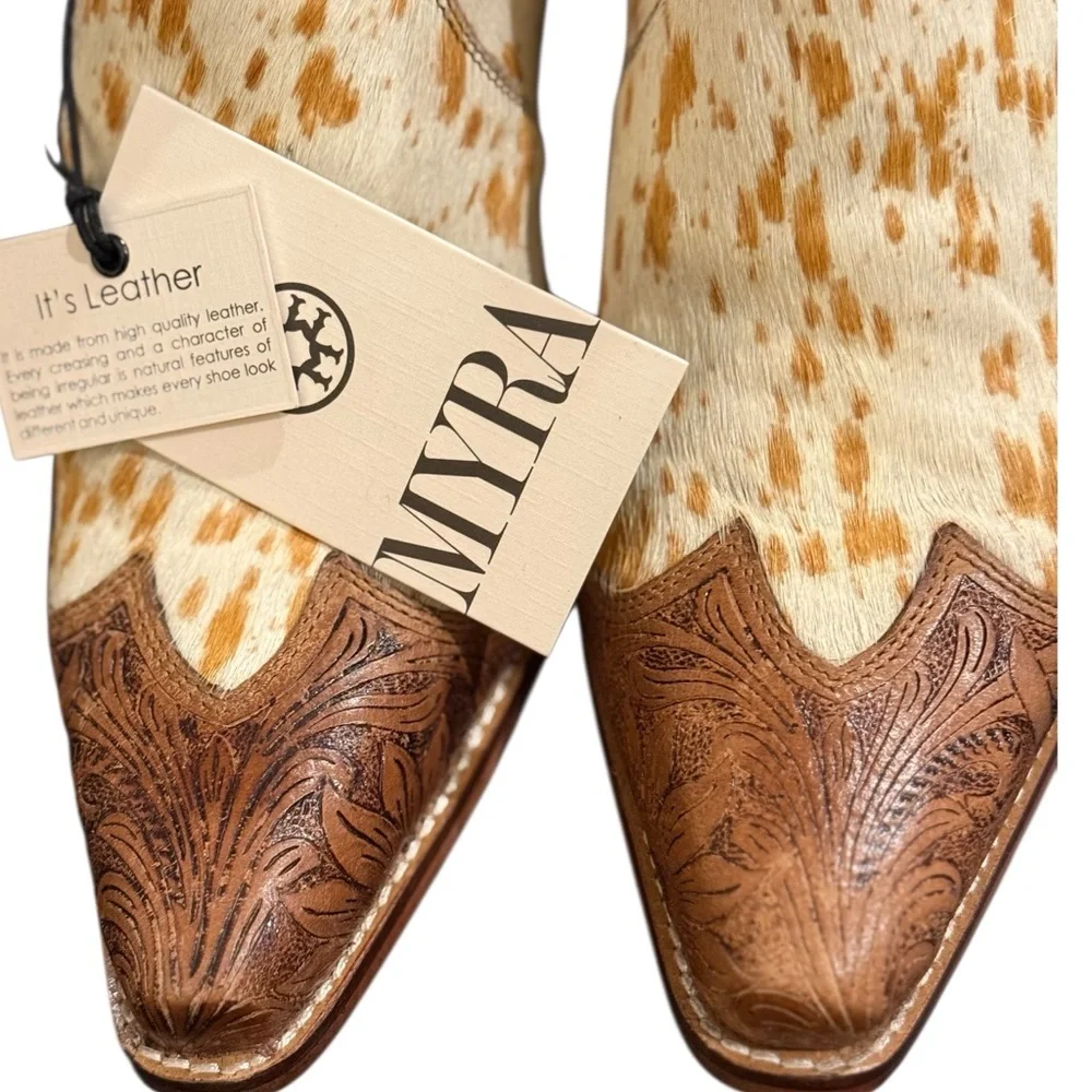 NEW Southwestern Myra Bag Leather CowHair Gold White Women’s Size 10 Ankle Boots